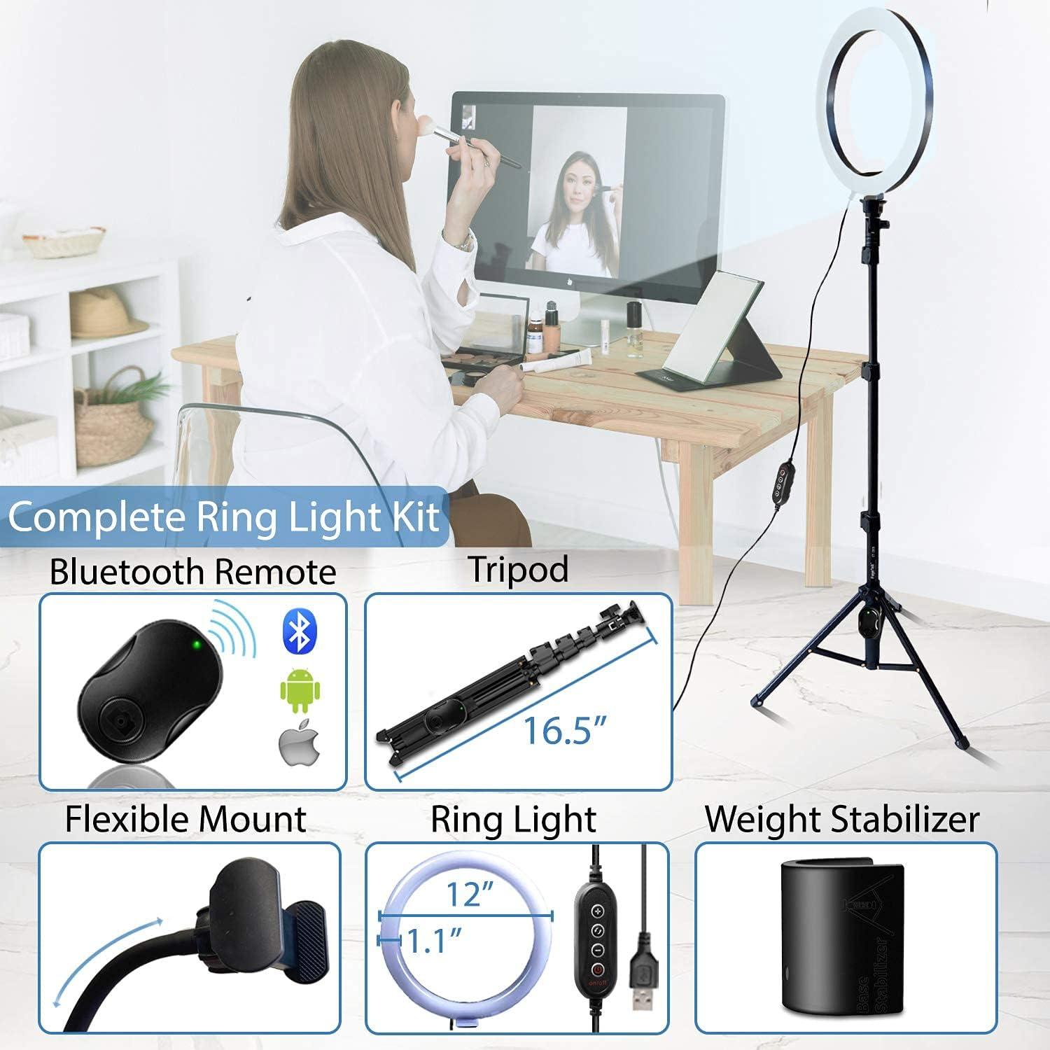 image12quot Fugetek Selfie Ring Light Kit with Tripod Stand Dimmable 3 Color Modes Cell Phone Holder Bluetooth Remote Aluminum Extendable for Live Stream TikTok Photos Makeup Black