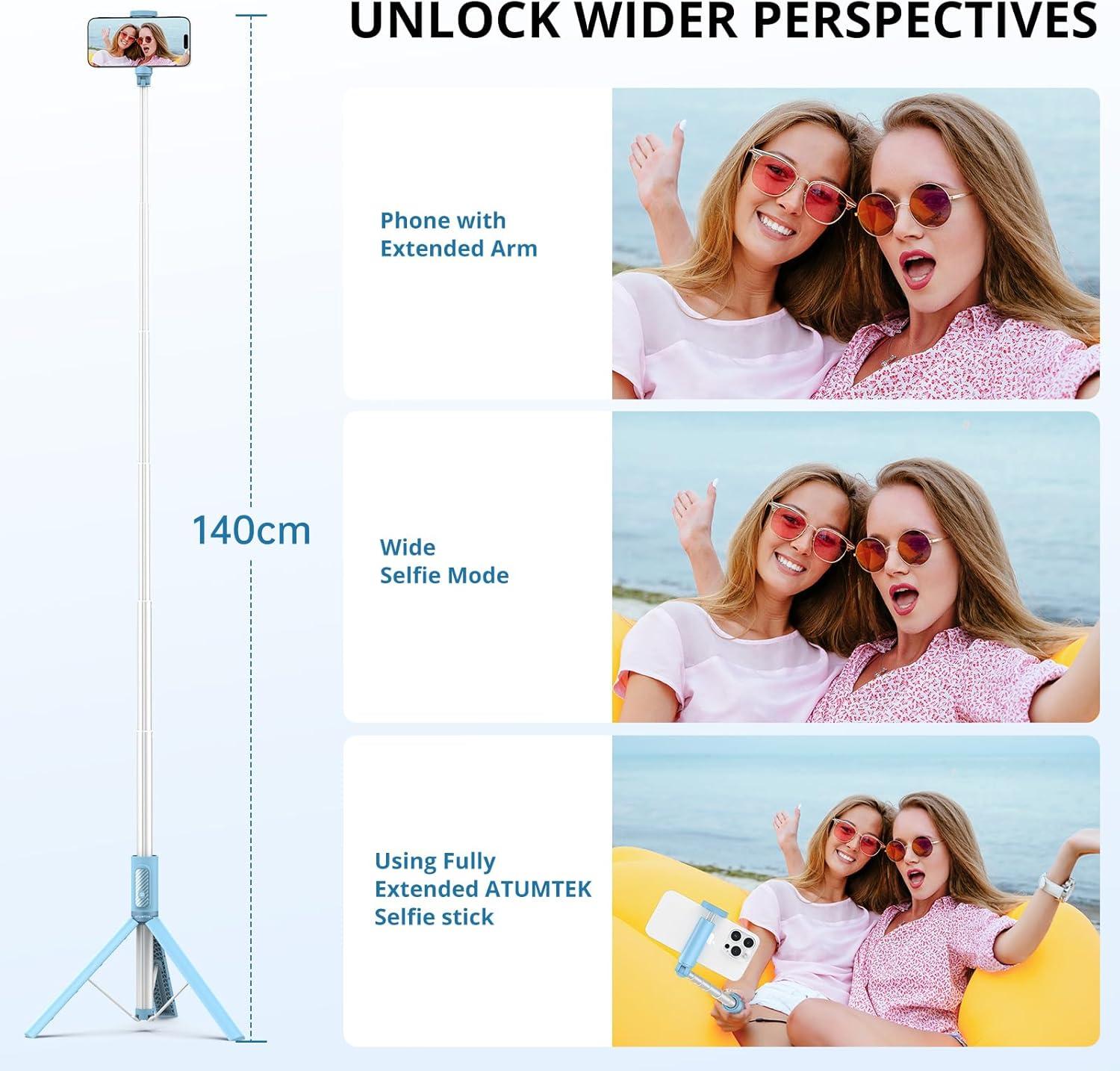 imageATUMTEK 55quot Selfie Stick Tripod Allinone Extendable Aluminum Phone Tripod with Rechargeable Bluetooth Remote for iPhone and More Fitting 477 inch Smartphones PinkBlue