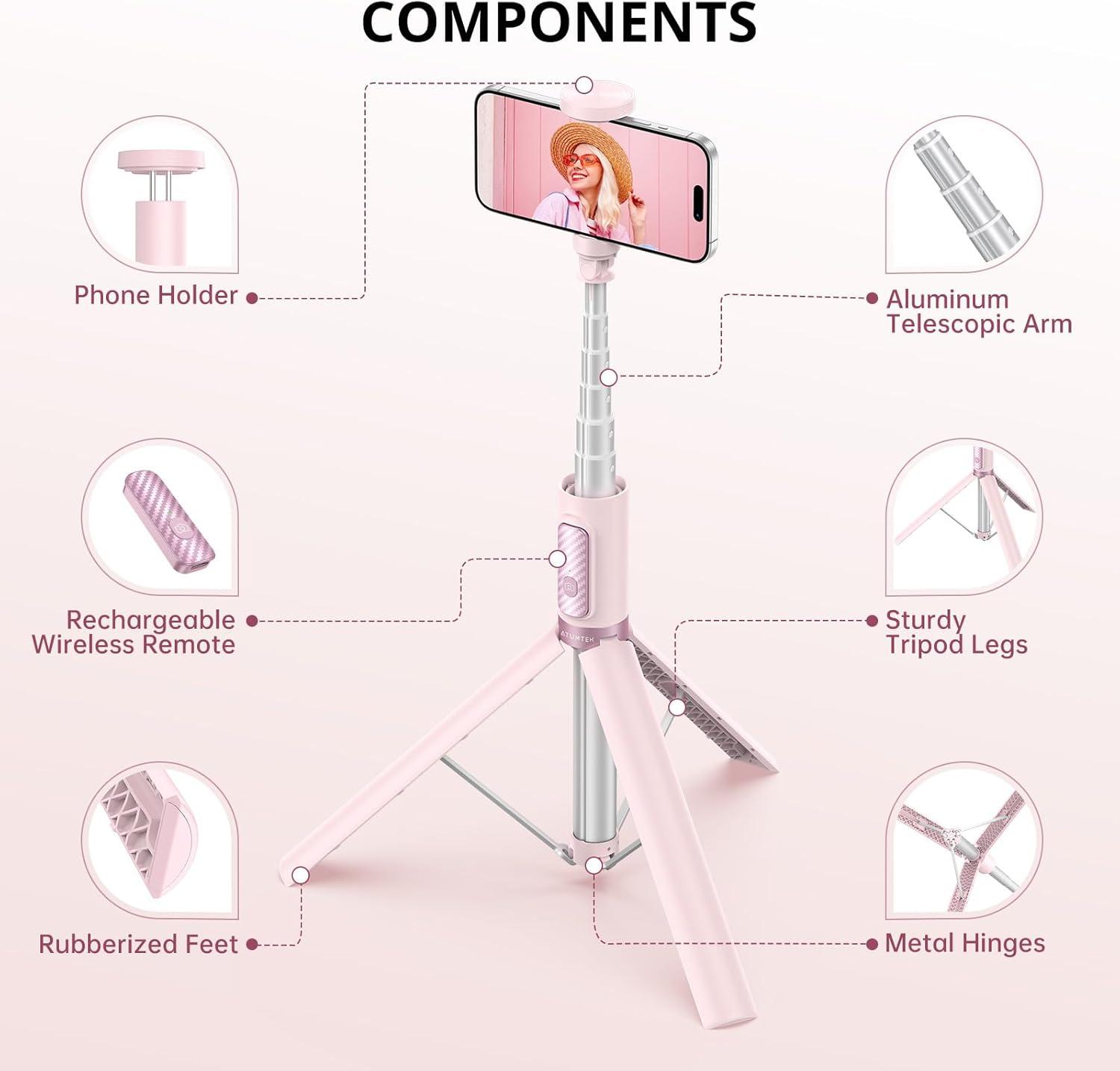 imageATUMTEK 55quot Selfie Stick Tripod Allinone Extendable Aluminum Phone Tripod with Rechargeable Bluetooth Remote for iPhone and More Fitting 477 inch Smartphones PinkPink