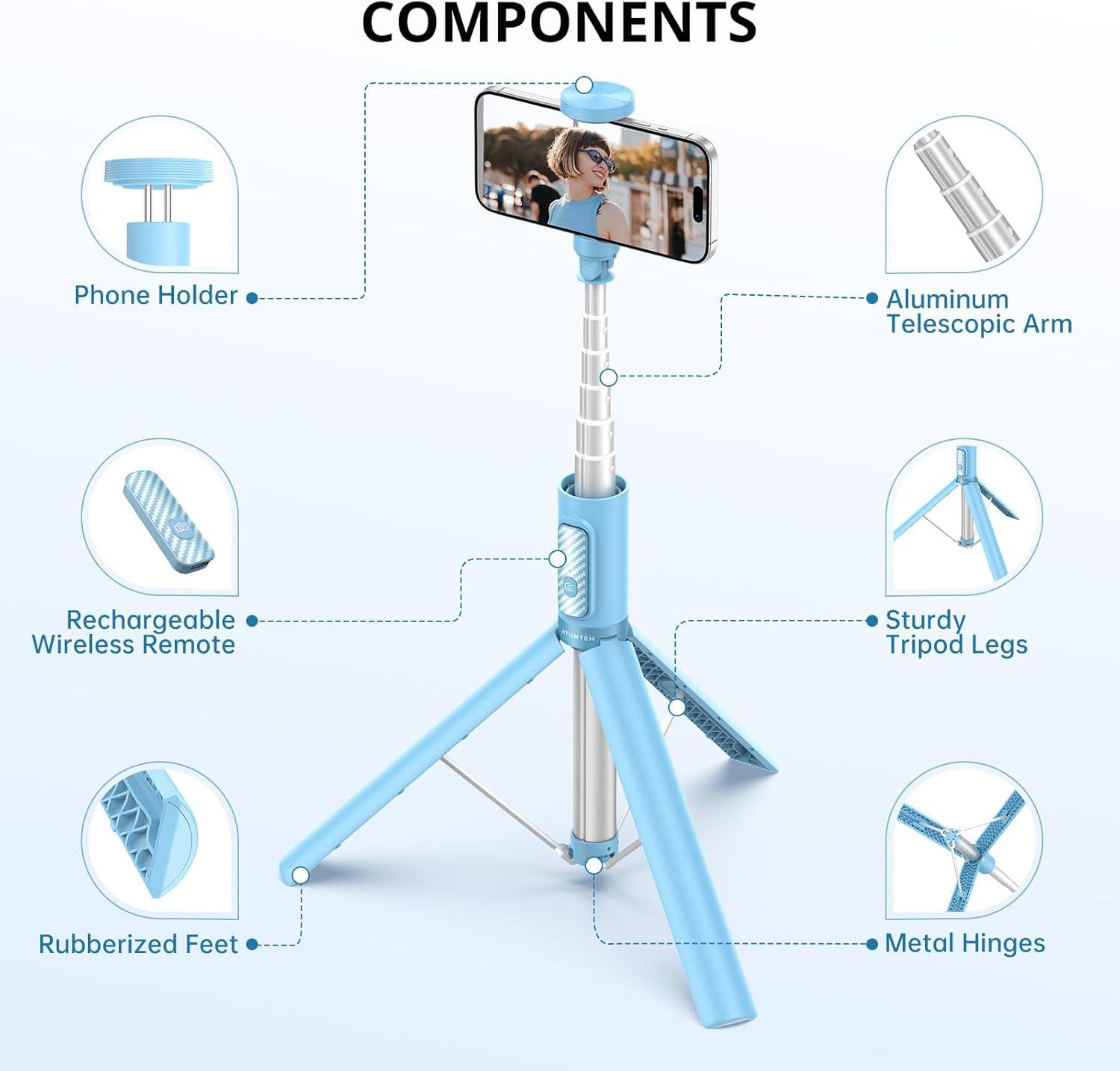 imageATUMTEK 55quot Selfie Stick Tripod Allinone Extendable Aluminum Phone Tripod with Rechargeable Bluetooth Remote for iPhone and More Fitting 477 inch Smartphones PinkBlue