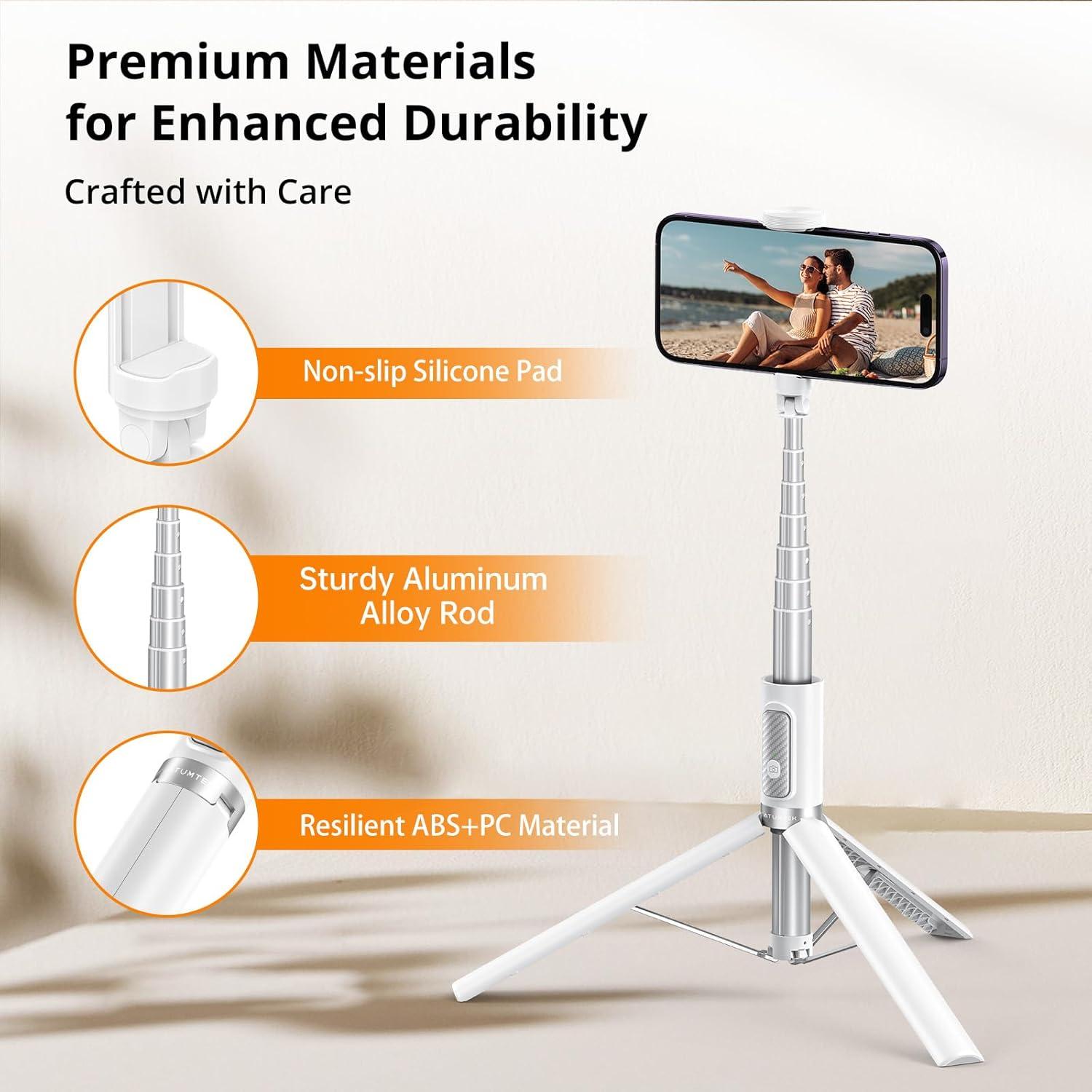 imageATUMTEK 55quot Selfie Stick Tripod Allinone Extendable Aluminum Travel Tripod with Rechargeable Bluetooth Remote Phone Selfie Stick 360 Rotatable for iPhone 16 Pro Max151413 Smartphones WhiteWhite