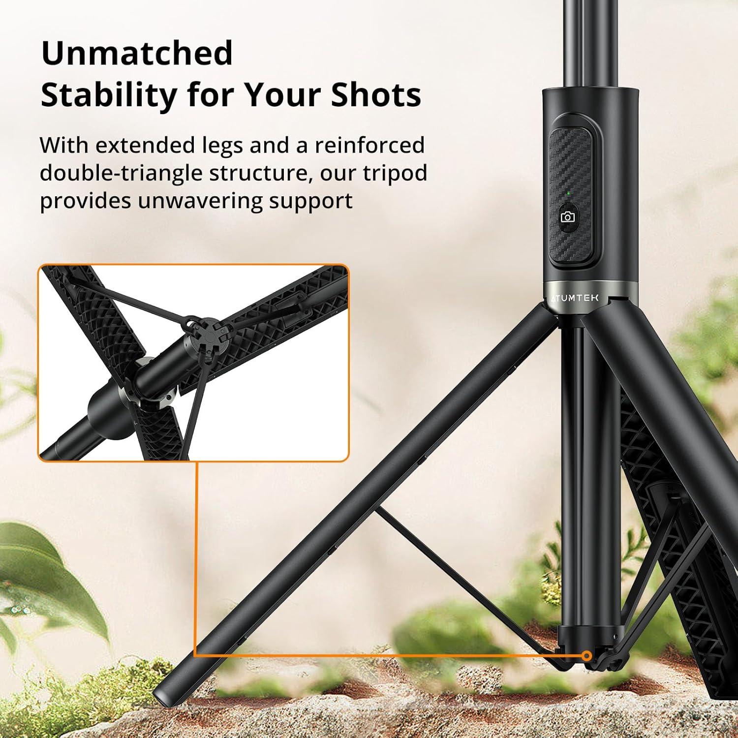 imageATUMTEK 55quot Selfie Stick Tripod Allinone Extendable Aluminum Travel Tripod with Rechargeable Bluetooth Remote Phone Selfie Stick 360 Rotatable for iPhone 16 Pro Max151413 Smartphones WhiteBlack