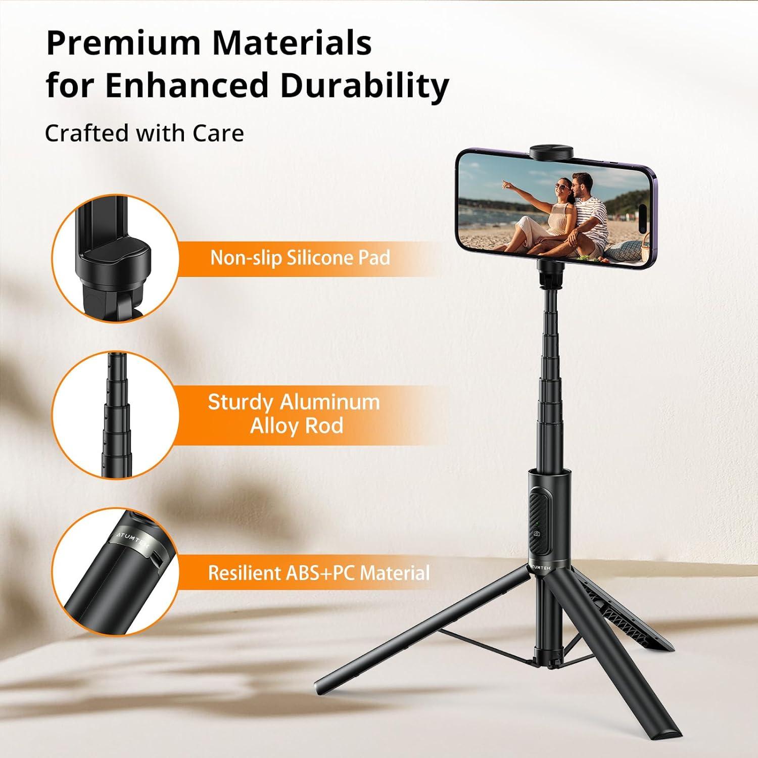 imageATUMTEK 55quot Selfie Stick Tripod Allinone Extendable Aluminum Travel Tripod with Rechargeable Bluetooth Remote Phone Selfie Stick 360 Rotatable for iPhone 16 Pro Max151413 Smartphones WhiteBlack