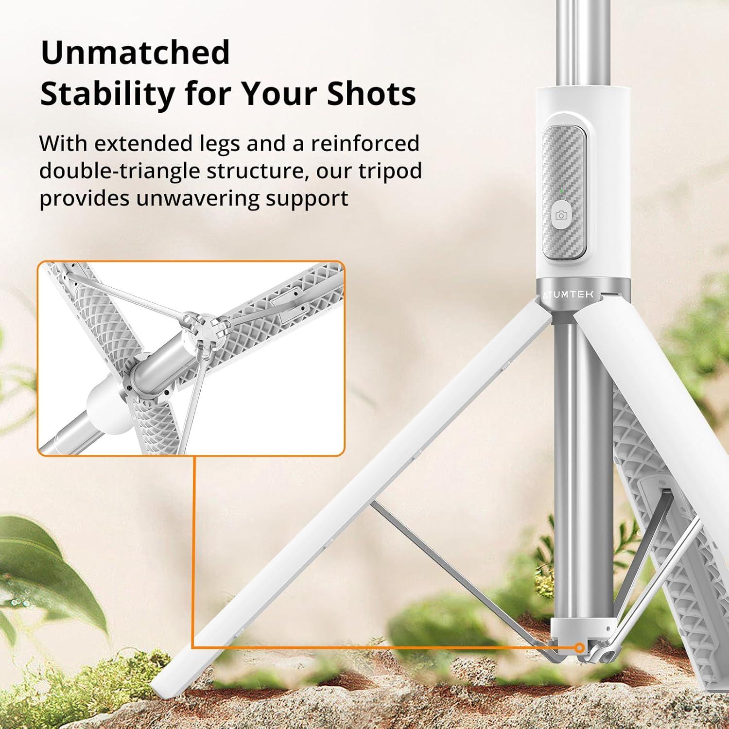 imageATUMTEK 55quot Selfie Stick Tripod Allinone Extendable Aluminum Travel Tripod with Rechargeable Bluetooth Remote Phone Selfie Stick 360 Rotatable for iPhone 16 Pro Max151413 Smartphones WhiteWhite