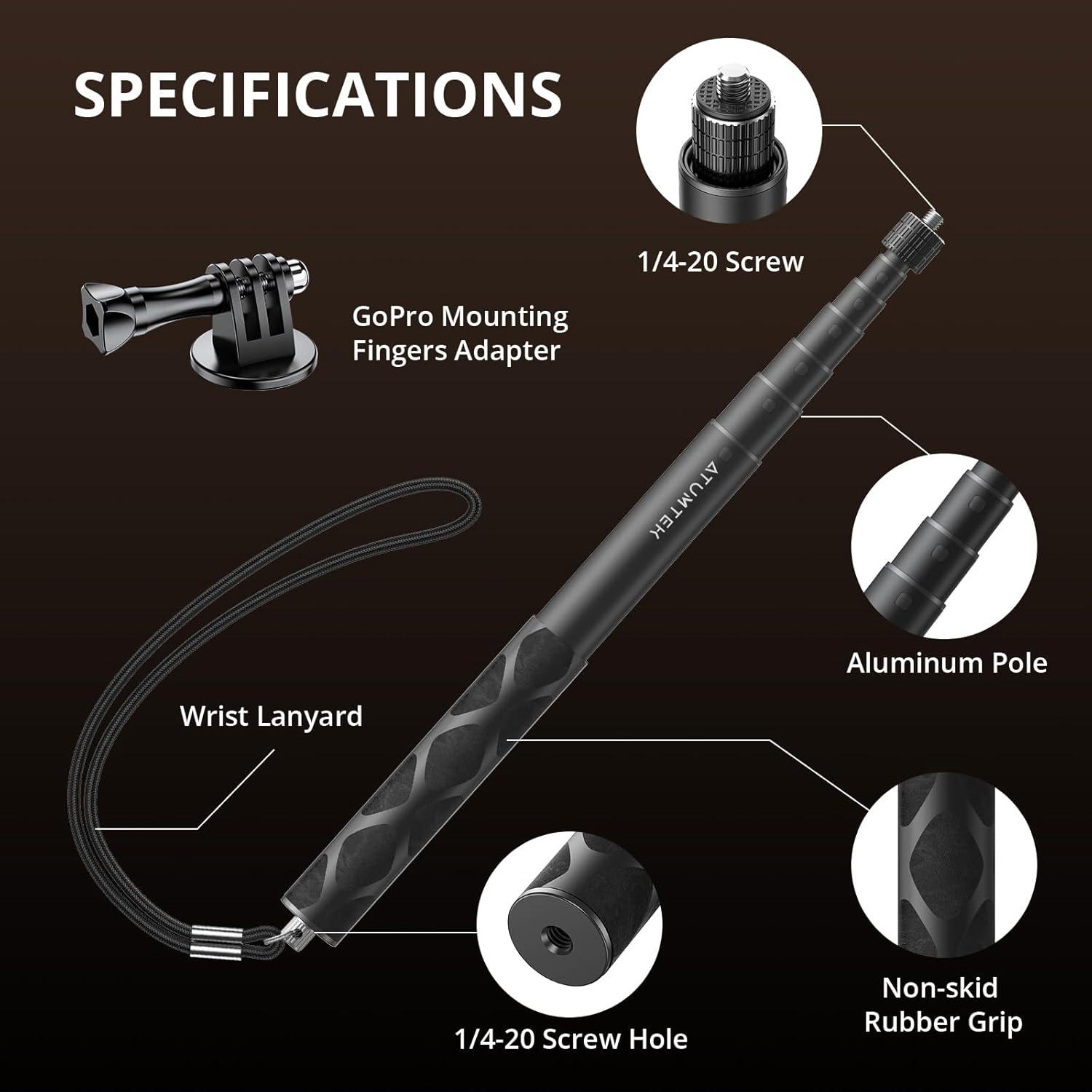 imageATUMTEK 60quot Invisible Selfie Stick 14quot Extendable Monopod Pole Solid and Compact Design for Insta360 for GoPro DJI Action Cameras Buckle Mount for GoPro ampamp DJI and Wrist Strap Included114cm