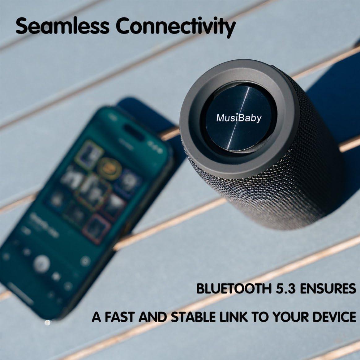 imageBluetooth Speaker MusiBaby Wireless Portable Speaker  Waterproof Outdoor Bluetooth 50 Dual Pairing Loud Stereo Deep Bass 24H Playtime  Gift Ideas for Home Party Travel BLKBlack