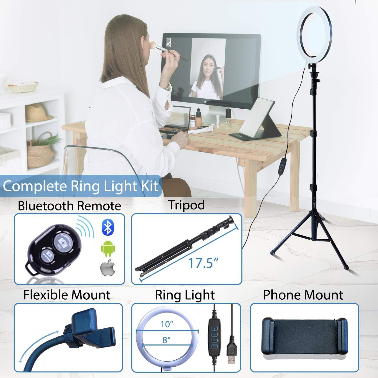 imageFugetek 102quot Selfie Ring Light Tripod Kit Phone Holder Bluetooth Remote Aluminum Stand Extends to 50quot USB Powered Compatible with iPhone ampamp Android 3 Color Modes Video Photos Makeup TikTok