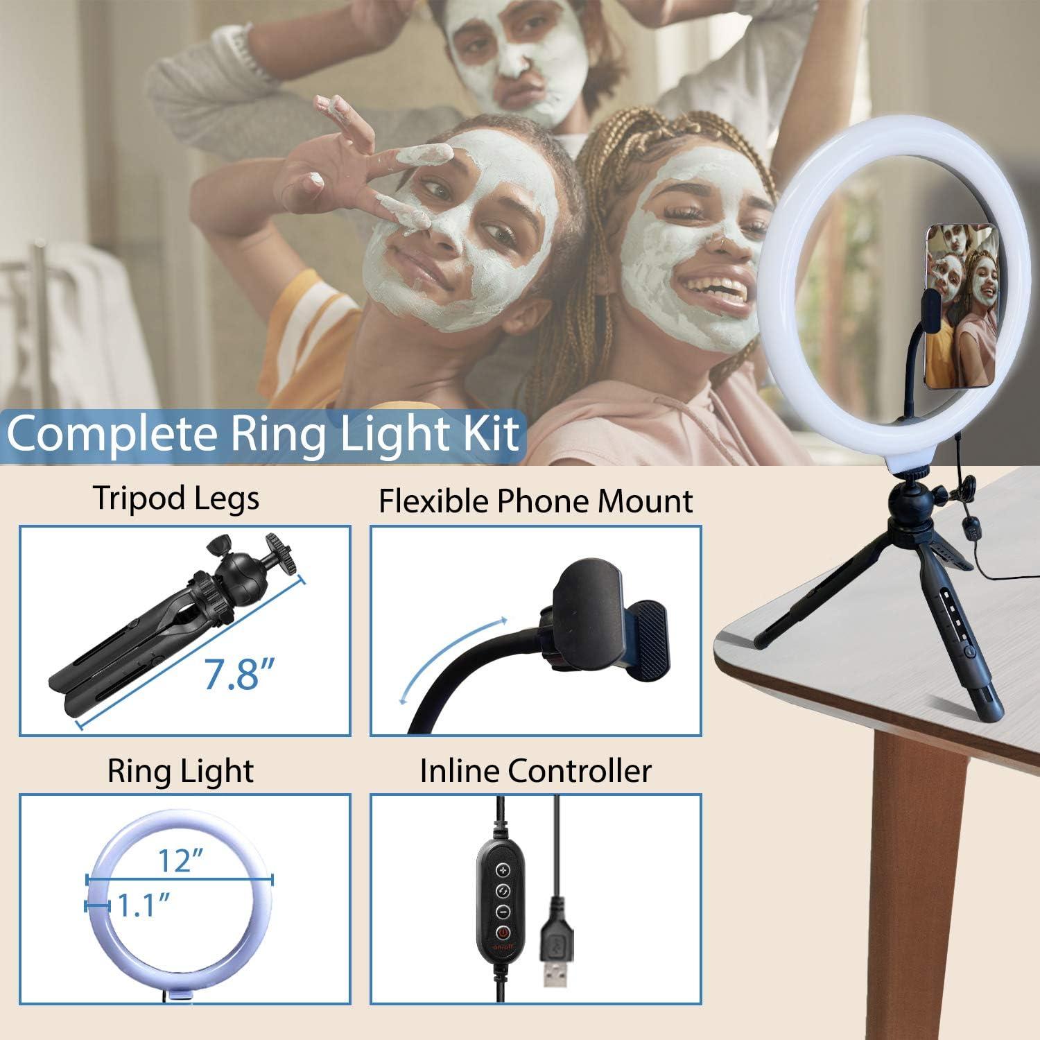 imageFugetek 12quot Desktop Ring Light with Phone Tripod Stand Phone Mount USB Powered Easy Extendable Legs LED 3 Color Modes Dimmable Photos Video TIK Tok Black