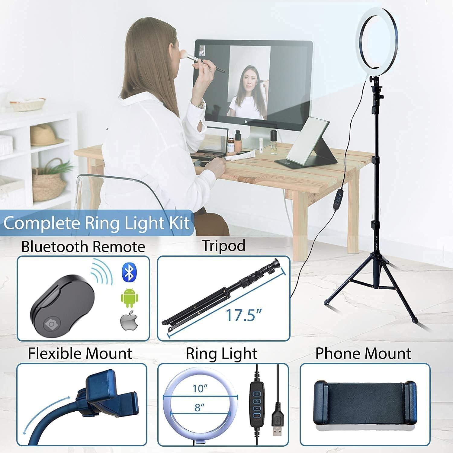imageFugetek 12quot Selfie Ring Light Tripod Kit Phone Holder Bluetooth Remote Aluminum Stand Extends to 51quot USB Powered Compatible with iPhone ampamp Android 3 Color Modes Video Photos Makeup TikTok