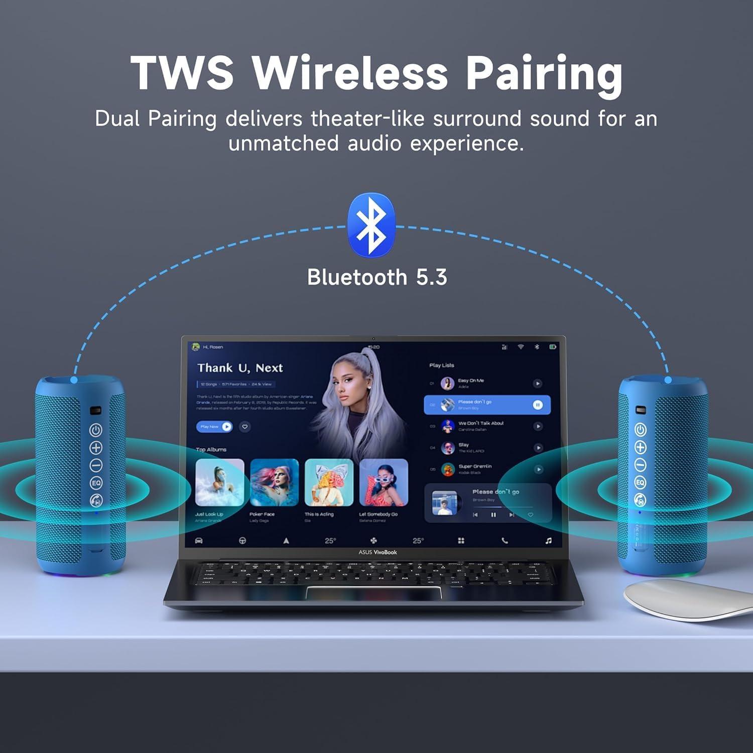 imageOrtizan Portable Bluetooth Speaker IPX7 Waterproof Wireless Speaker with 24W Loud Stereo Sound Outdoor Speakers with Bluetooth 50 30H Playtime66ft Bluetooth Range Dual Pairing for HomeBlue