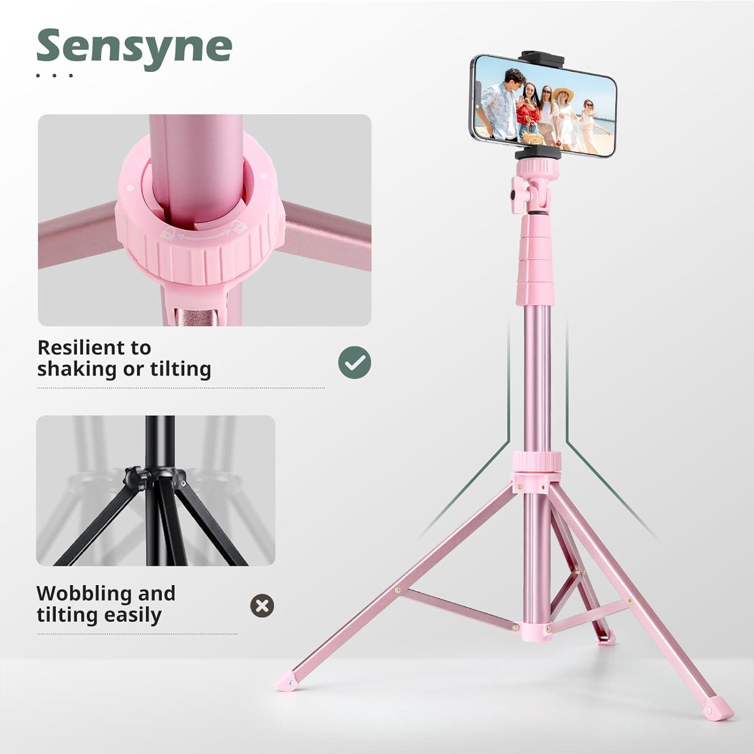 imageSENSYNE 62quot Phone Tripod ampamp Selfie Stick Extendable Cell Phone Tripod Stand with Wireless Remote and Phone Holder Compatible with iPhone Android Phone CameraPink