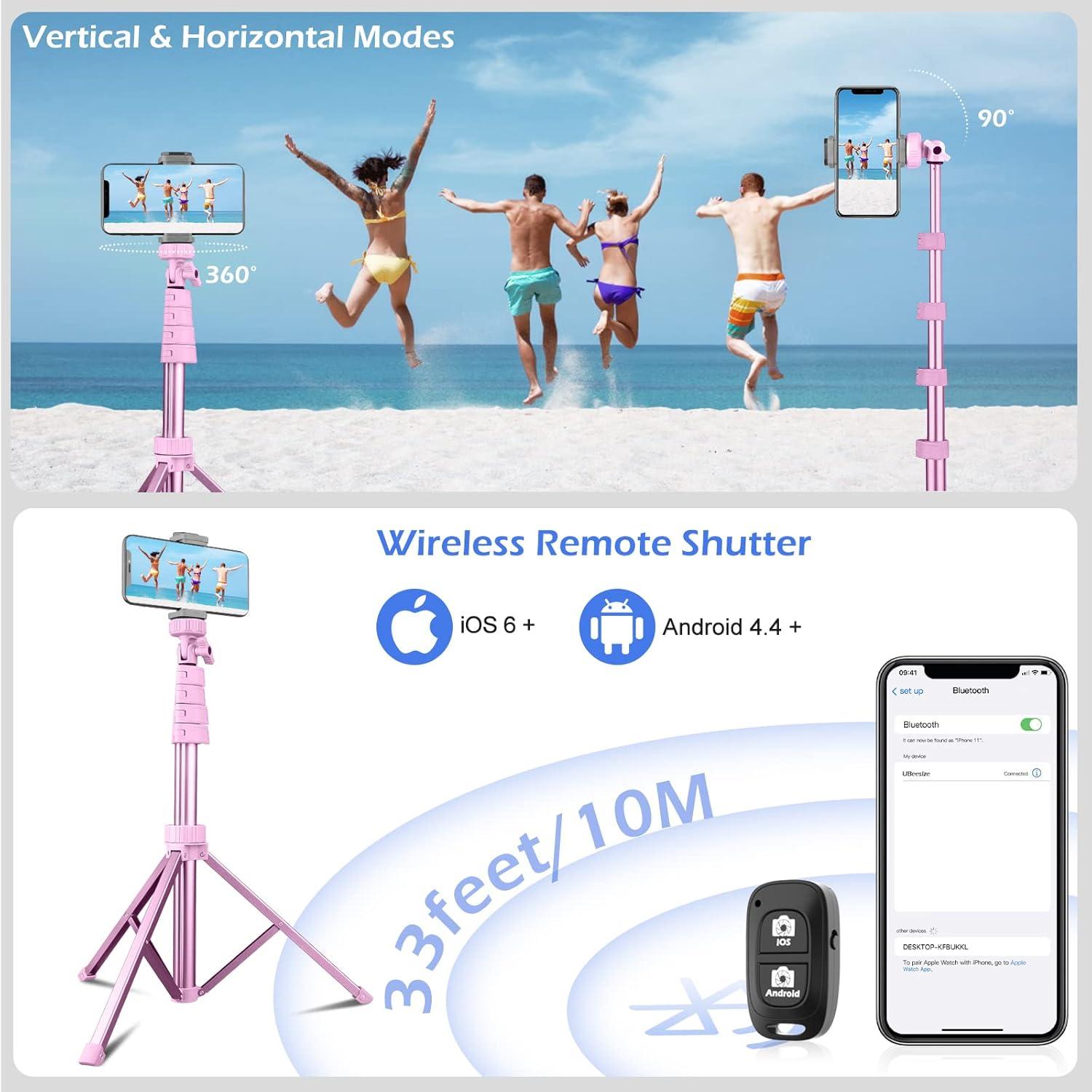 imageSENSYNE 62quot Phone Tripod ampamp Selfie Stick Extendable Cell Phone Tripod Stand with Wireless Remote and Phone Holder Compatible with iPhone Android Phone CameraPink