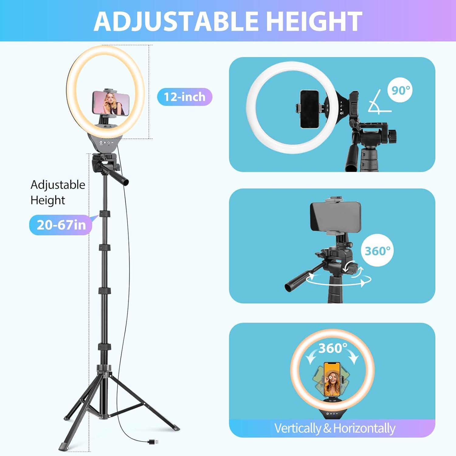 imageSensyne 12inch Ring Light with 67inch Selfie Stick Tripod and Phone Holder Selfie Remote Control Circle Light for Live StreamVideo RecordingTikTok Compatible with All Phones and Cameras12