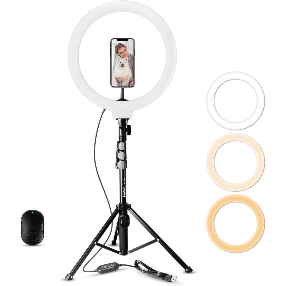 image12quot Fugetek Selfie Ring Light Kit with Tripod Stand Dimmable 3 Color Modes Cell Phone Holder Bluetooth Remote Aluminum Extendable for Live Stream TikTok Photos Makeup Black