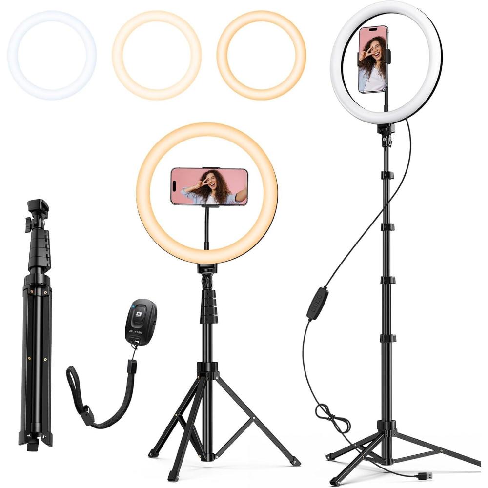 imageATUMTEK 12quot Selfie Ring Light with 63quot Extendable Tripod Stand Selfie Light with Phone Holder and Bluetooth Remote Dimmable LED Ring Light for Streaming TikTok Zoom Vlogging YouTube etc