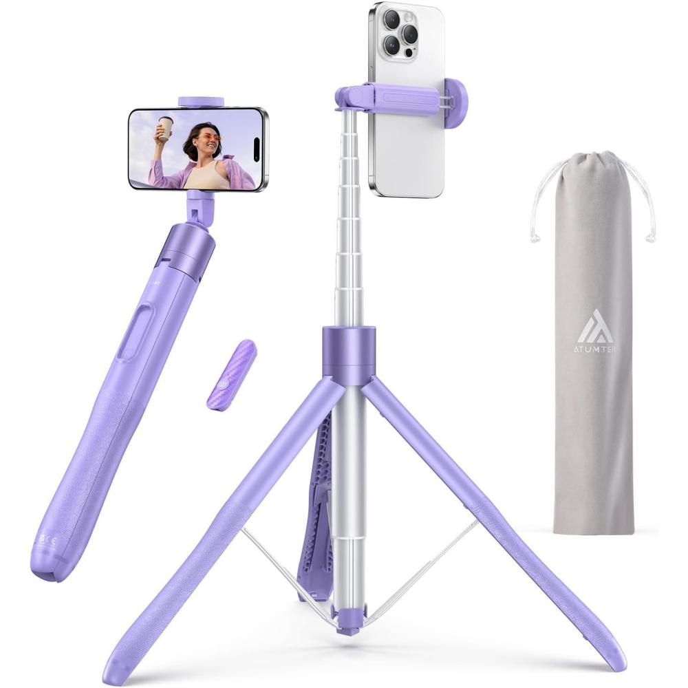 imageATUMTEK 55quot Selfie Stick Tripod Allinone Extendable Aluminum Phone Tripod with Rechargeable Bluetooth Remote for iPhone and More Fitting 477 inch Smartphones PinkPurple