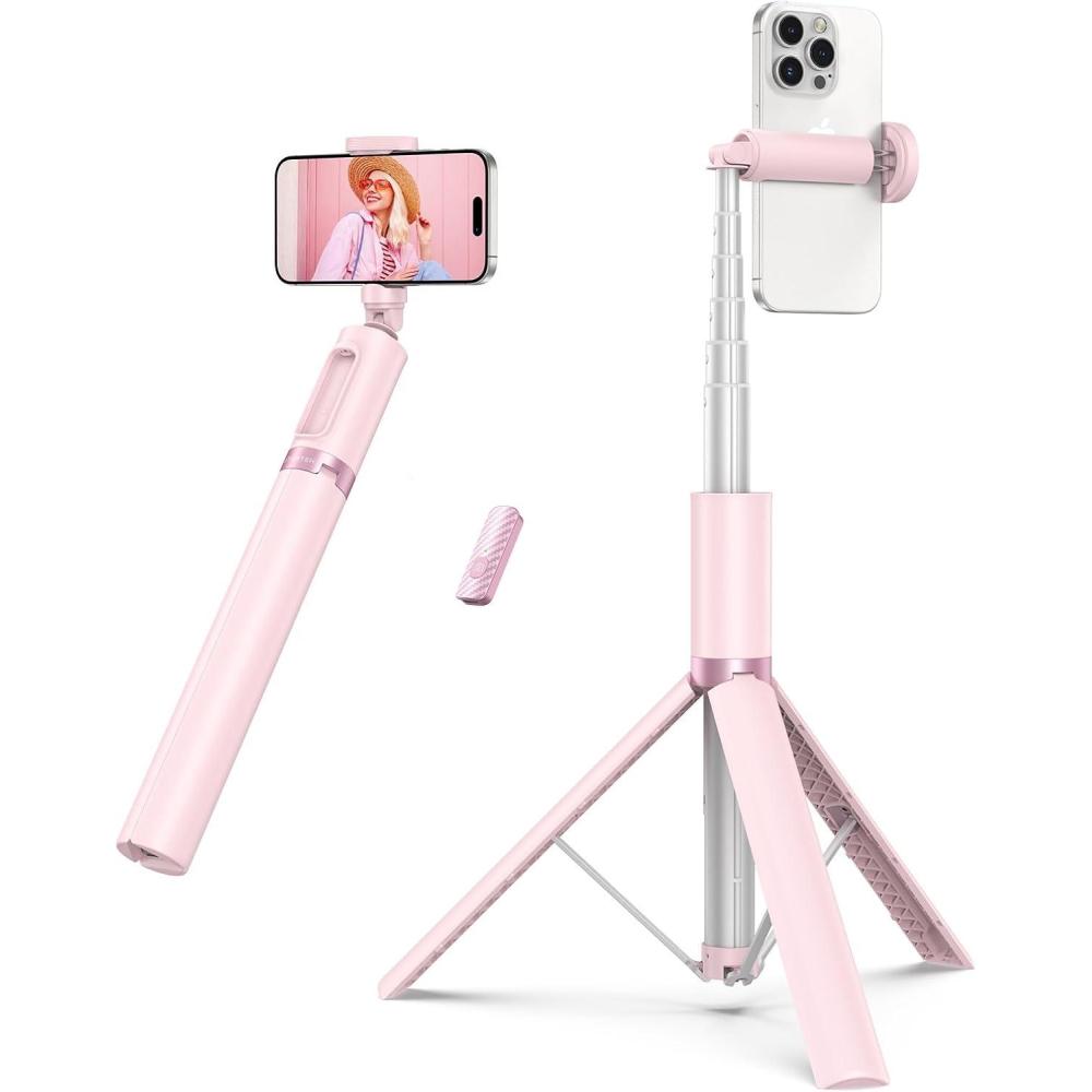 imageATUMTEK 55quot Selfie Stick Tripod Allinone Extendable Aluminum Phone Tripod with Rechargeable Bluetooth Remote for iPhone and More Fitting 477 inch Smartphones PinkPink