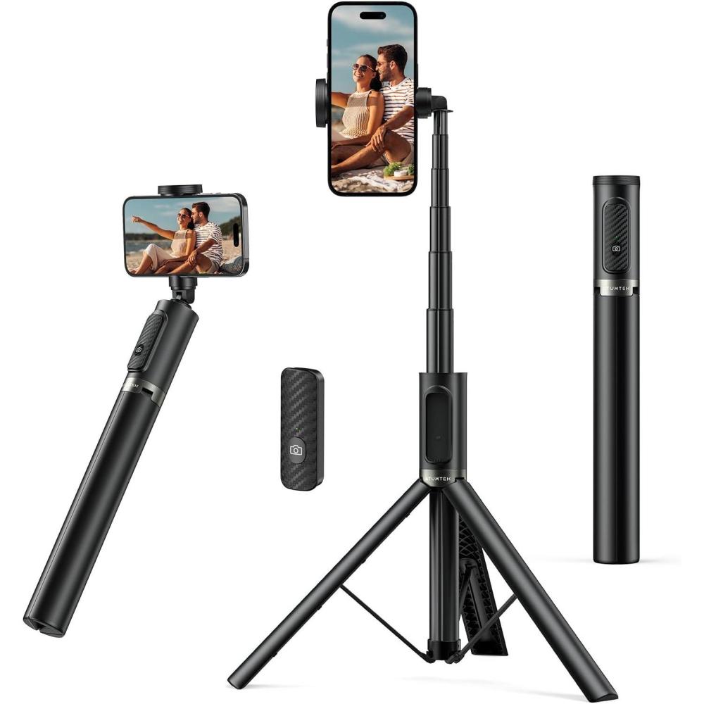 imageATUMTEK 55quot Selfie Stick Tripod Allinone Extendable Aluminum Travel Tripod with Rechargeable Bluetooth Remote Phone Selfie Stick 360 Rotatable for iPhone 16 Pro Max151413 Smartphones WhiteBlack