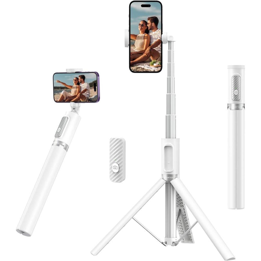 imageATUMTEK 55quot Selfie Stick Tripod Allinone Extendable Aluminum Travel Tripod with Rechargeable Bluetooth Remote Phone Selfie Stick 360 Rotatable for iPhone 16 Pro Max151413 Smartphones WhiteWhite