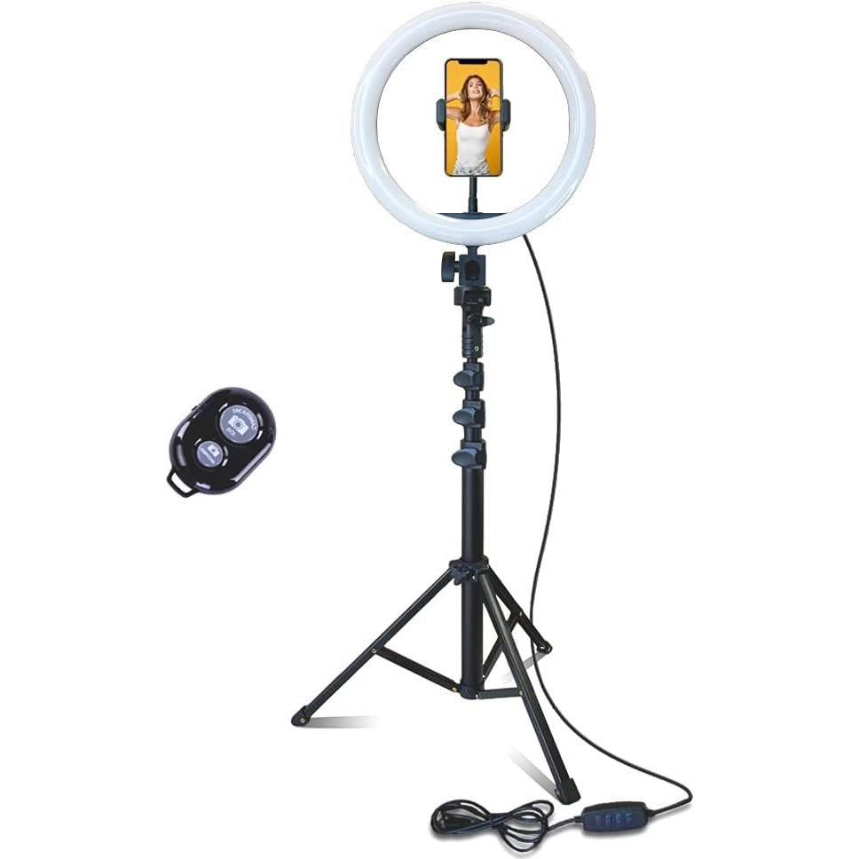 imageFugetek 102quot Selfie Ring Light Tripod Kit Phone Holder Bluetooth Remote Aluminum Stand Extends to 50quot USB Powered Compatible with iPhone ampamp Android 3 Color Modes Video Photos Makeup TikTok