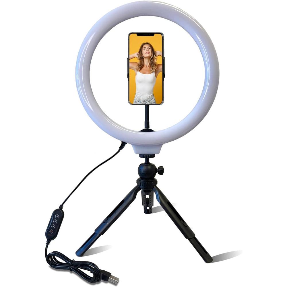 imageFugetek 12quot Desktop Ring Light with Phone Tripod Stand Phone Mount USB Powered Easy Extendable Legs LED 3 Color Modes Dimmable Photos Video TIK Tok Black