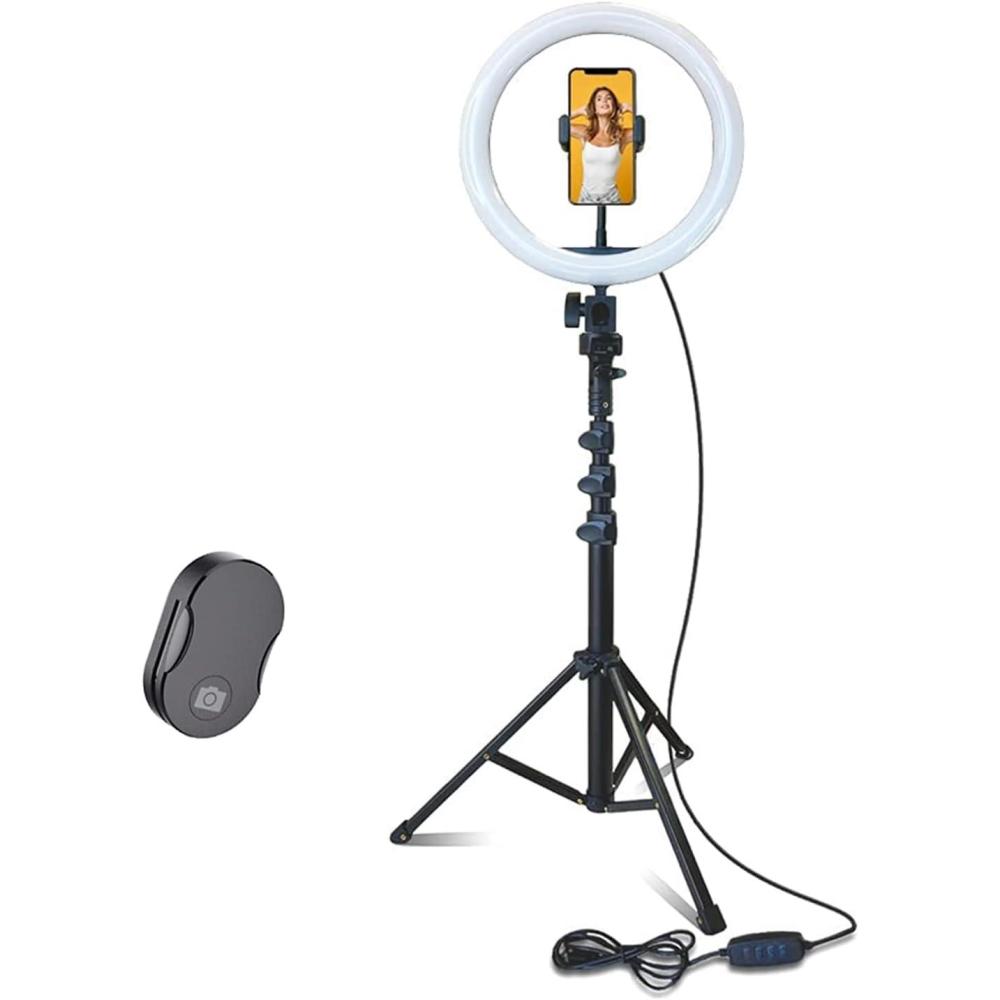 imageFugetek 12quot Selfie Ring Light Tripod Kit Phone Holder Bluetooth Remote Aluminum Stand Extends to 51quot USB Powered Compatible with iPhone ampamp Android 3 Color Modes Video Photos Makeup TikTok