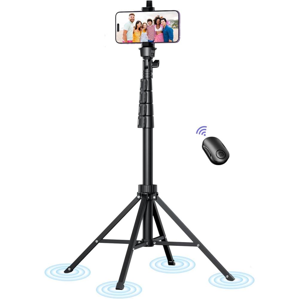 imageFugetek 67quot Professional Cell Phone Tripod Portable All in One Bluetooth Remote Phone Holder Compatible with iPhone ampamp Android Devices Non Skid Feet Black62 INCH