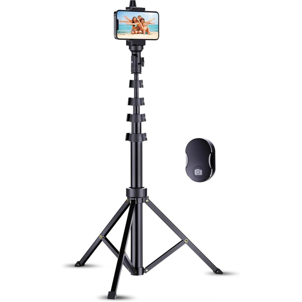 imageFugetek 67quot Professional Cell Phone Tripod Portable All in One Bluetooth Remote Phone Holder Compatible with iPhone ampamp Android Devices Non Skid Feet Black67 INCH