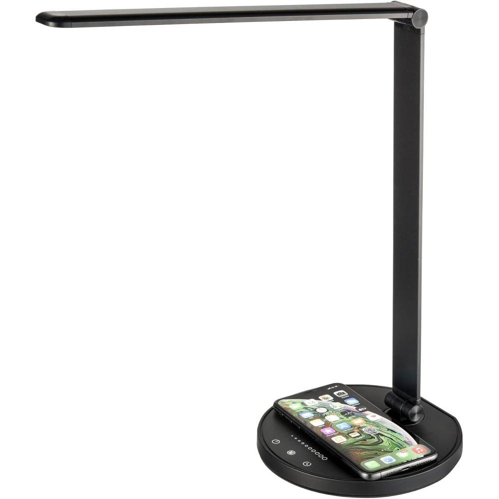 imageFugetek LED Desk Office Lamp with Wireless Charger ampamp USB Charging Port 5 Light Color Modes 5 Brightness Modes Dimmer Easy Touch Control 3060 Min Auto Off Timer EyeCaring Black