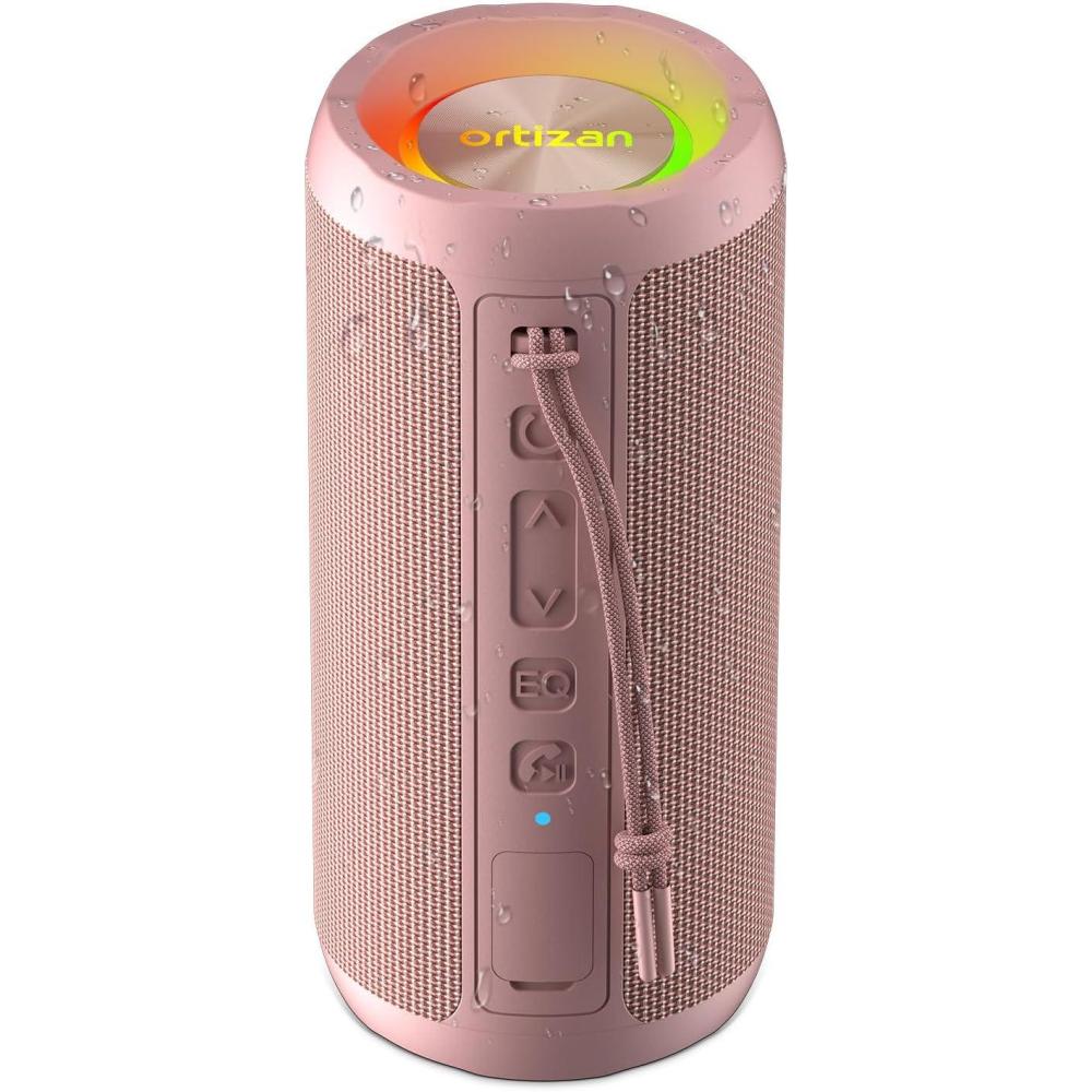 imageOrtizan Wireless Portable Bluetooth Speaker IPX7 Waterproof Dustproof and Rustproof Powerful 24W Sound Enhanced Bass 30Hour Battery 360 Party Light and Stereo Pairing BT 53 Gifts  BluePink