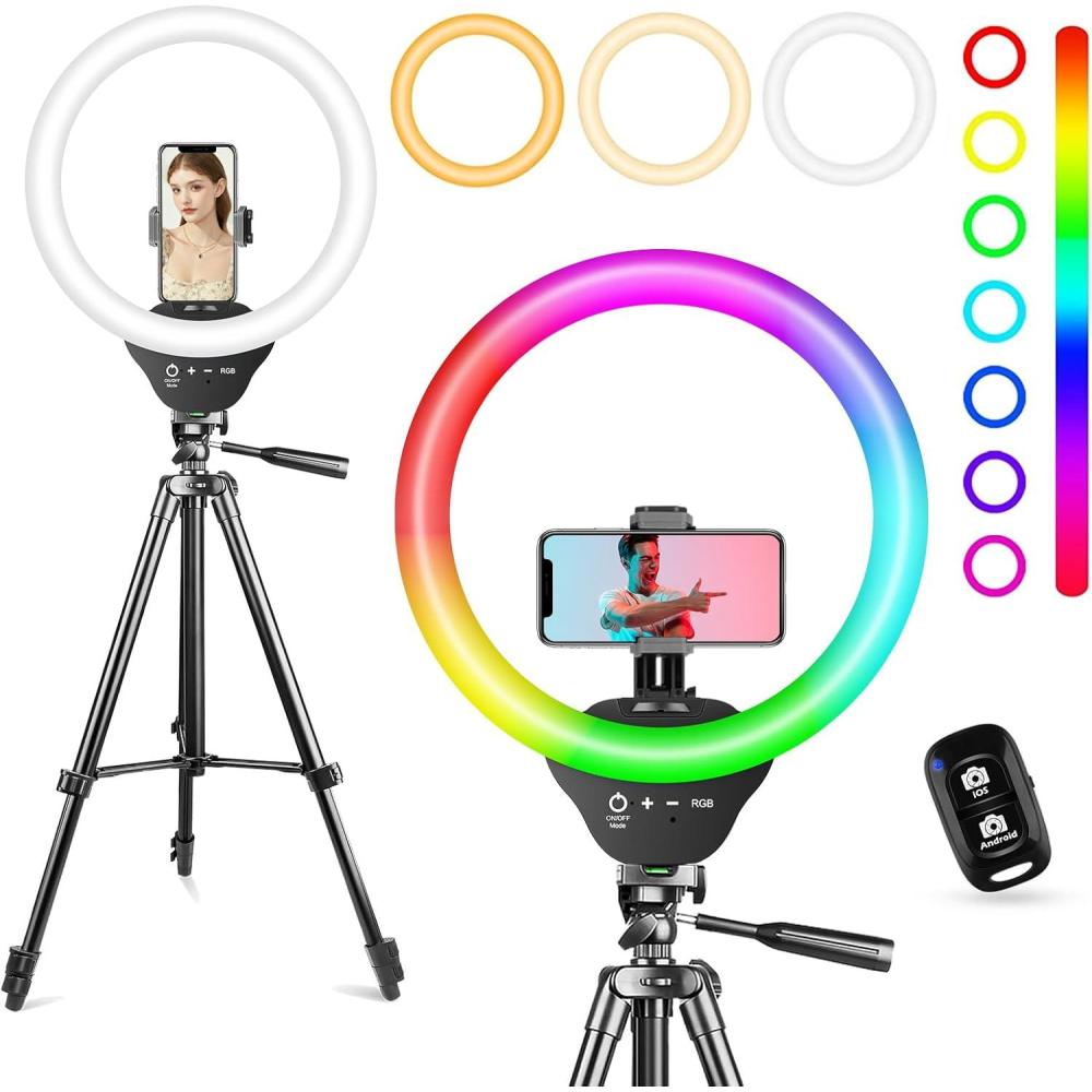 imageSensyne 10 Ring Light with 50 Extendable Tripod Stand LED Circle Lights with Phone Holder for Live StreamMakeupYouTube VideoTikTok Compatible with All PhonesRGB