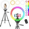 Sensyne 10” Ring Light with 50” Extendable Tripod Stand, LED Circle Lights with Phone Holder for Live Stream/Makeup/YouTube Video/TikTok, Compatible with All Phones(RGB)