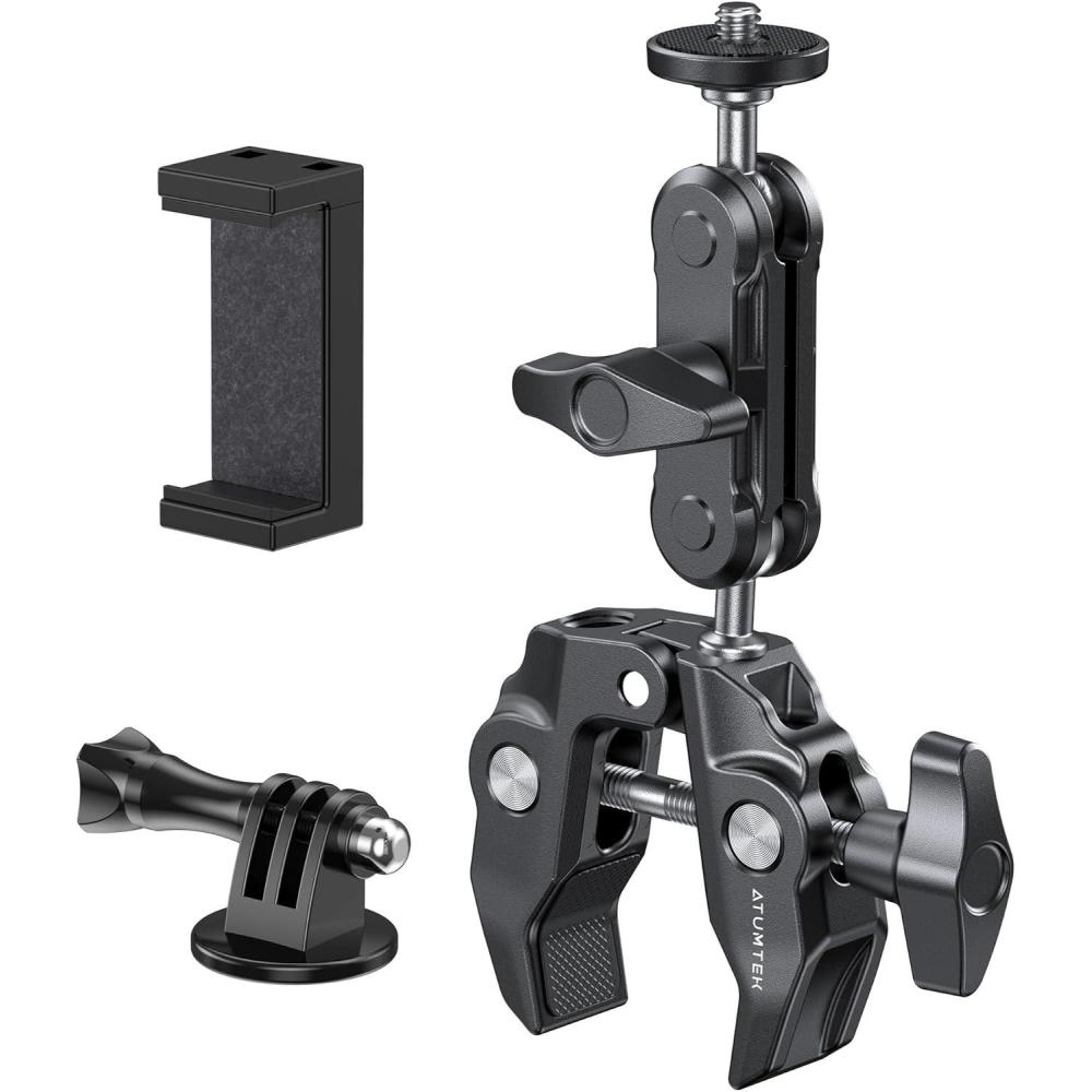 image:imageATUMTEK Super Camera Clamp Mount with 14 and 38 Threads Dual Ballhead Magic Arm 360 Ball Head Grip PhoneAction Camera Mount Adapter for Canon Nikon DSLR Camera GoProInsta360INSTAXDJI